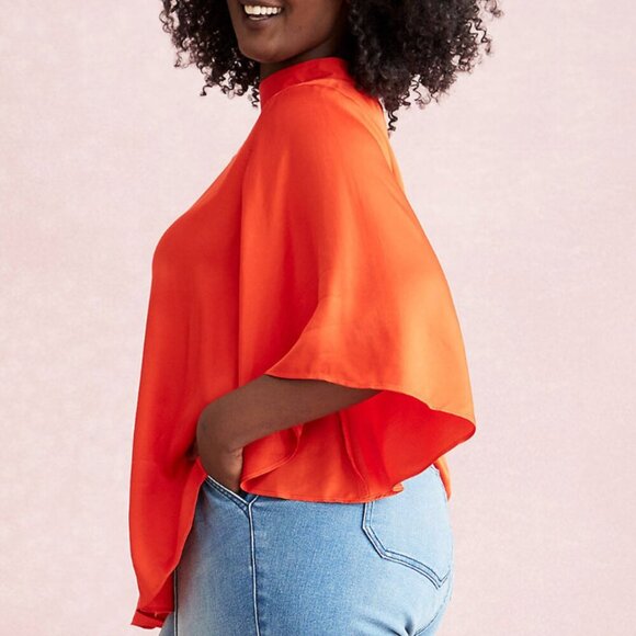 NEW Lane‎ Bryant Women Blouse 18 Red Relaxed Flutter-Sleeve Mock-Neck Top Satin - Picture 15 of 16